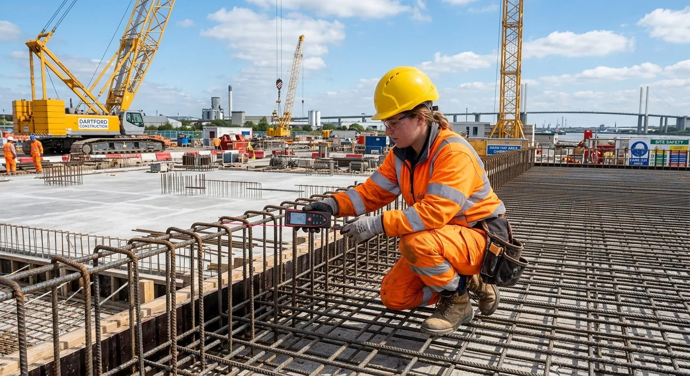 A skilled steel fixer in full PPE, including hi-vis and hard hat, using a digital laser measure to check rebar spacing on a vast, freshly laid concrete slab on a sunny Dartford construction site, with cranes in the background.