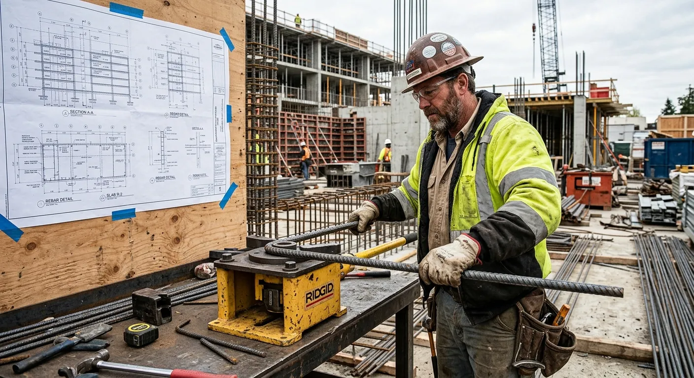 A skilled steel fixer on a commercial site, using a hydraulic rebar bender to shape a thick reinforcement bar, with detailed engineering plans visible in the background.