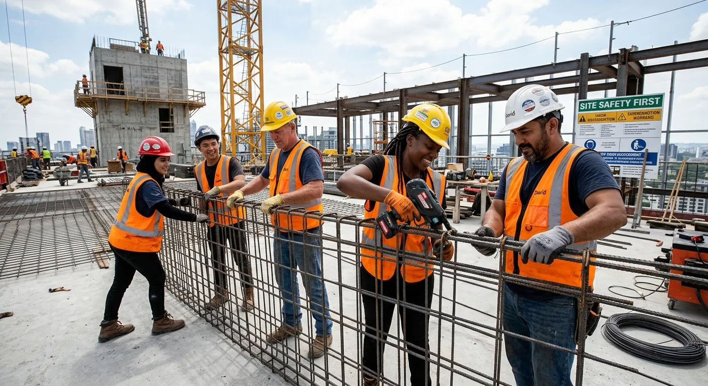 A diverse group of construction workers in high-visibility gear collaborating on a modern building site, dynamic action shot with a focus on teamwork and skill, professional and energetic mood