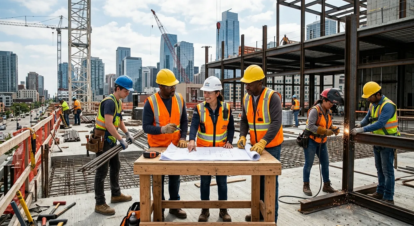 A dynamic, high-energy hero image showing a diverse team of skilled construction workers and supervisors collaborating on a modern urban construction site. The mood is professional, efficient, and industrious, with a focus on safety gear and active work. Style: modern, high-resolution, with a slight cinematic filter.