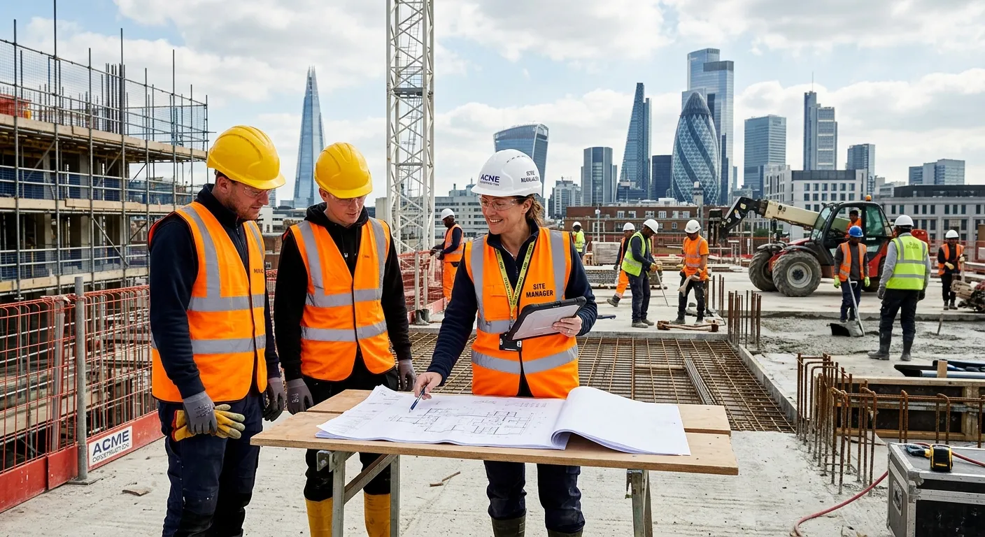 A dynamic, professional photograph of a Site Manager on a busy, safe construction site in London, we... A dynamic, professional photograph of a Site Manager on a busy, safe construction site in London, wearing a hi-vis vest, hard hat, and holding a tablet, looking over blueprints with a team of workers. Bright daylight, modern urban skyline in background.