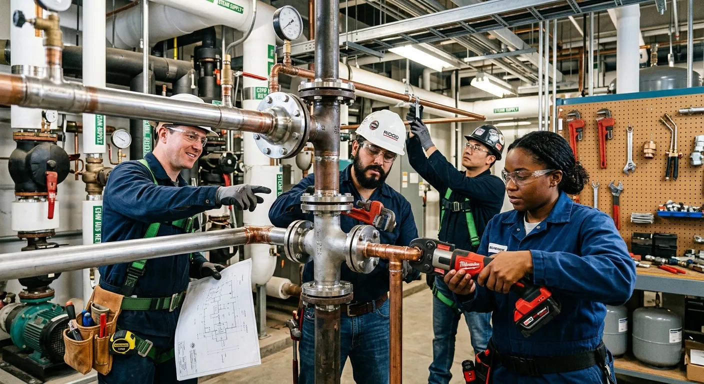 A high-energy, professional shot of a diverse team of plumbers and pipefitters collaborating on a co... A high-energy, professional shot of a diverse team of plumbers and pipefitters collaborating on a complex industrial piping system in a well-lit mechanical room. Focus on skilled hands at work, modern tools, and a sense of teamwork and expertise.