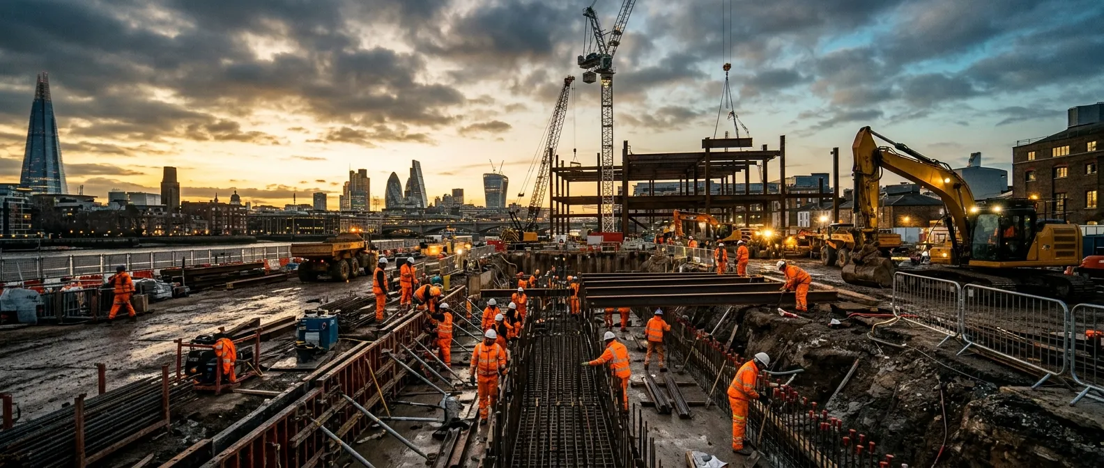 Wide cinematic hero image of a London construction site at dawn, groundworkers in high visibility cl... Wide cinematic hero image of a London construction site at dawn, groundworkers in high visibility clothing preparing excavation, steel beams, amber and slate tones, professional industrial mood