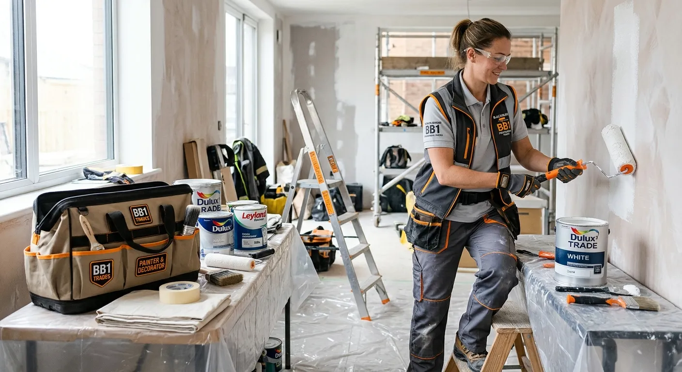 A professional, bright UK construction and decoration scene showing a skilled painter and decorator... A professional, bright UK construction and decoration scene showing a skilled painter and decorator in Blackburn BB1 preparing a wall, using roller and brush, wearing PPE, with amber safety accents, clean industrial typography mood, trustworthy and practical.