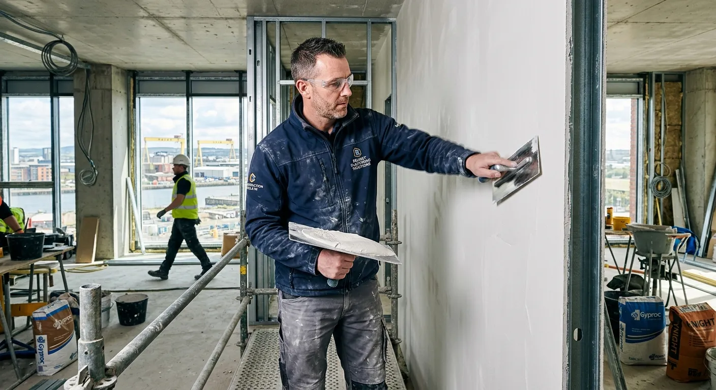 A professional plasterer applying a smooth, final coat to a wall on a modern construction site in Be... A professional plasterer applying a smooth, final coat to a wall on a modern construction site in Belfast, showcasing skill and precision. The image should convey professionalism and active work.