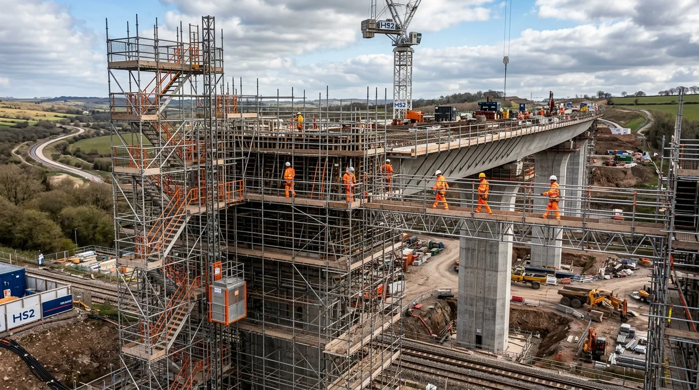 A wide-angle photograph of a large, complex scaffolding structure on a major infrastructure project... A wide-angle photograph of a large, complex scaffolding structure on a major infrastructure project like HS2, showing multiple levels and integrated access systems, with workers visible for scale