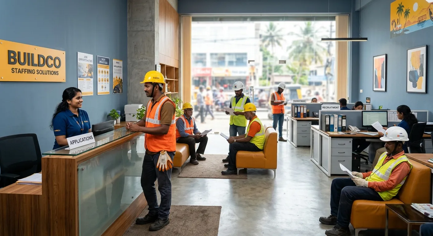 A modern industrial staffing office in Kochi with a slate-blue and amber colour scheme; diverse cons... A modern industrial staffing office in Kochi with a slate-blue and amber colour scheme; diverse construction, warehouse and site workers wearing high-visibility vests, hard hats and gloves; clean professional layout, confident mood, bright daylight, shallow depth of field