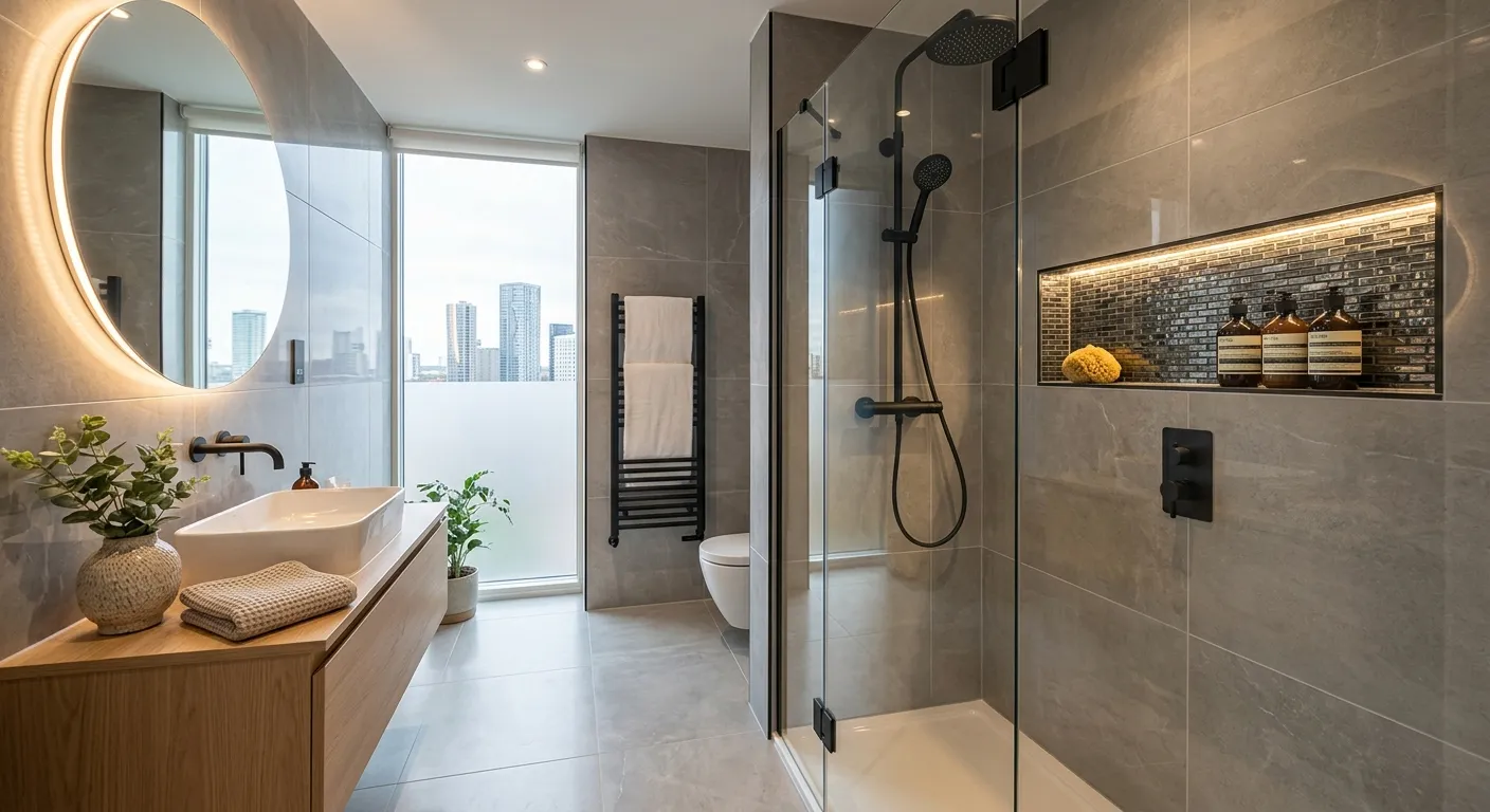 A finished luxury bathroom in a Stratford apartment showing large-format tile installation and a sleek mosaic niche.