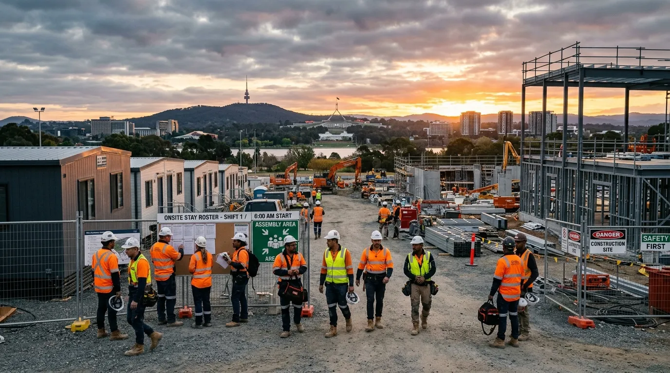 Wide hero image of a Canberra construction site at sunrise, diverse Australian labourers in high-vis... Wide hero image of a Canberra construction site at sunrise, diverse Australian labourers in high-visibility vests and hard hats preparing for an onsite stay roster, modern city skyline and ACT infrastructure in background, industrial amber and slate color grade, professional documentary style