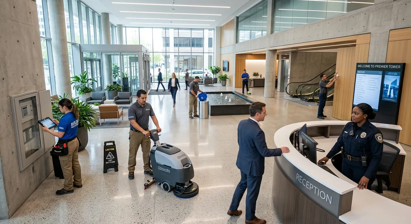A dynamic, high-angle shot of a modern, well-maintained commercial building lobby. A diverse team of facilities management professionals, including a janitor, a technician with a tablet, and a security guard, are engaged in their duties. The mood is professional, efficient, and industrious.