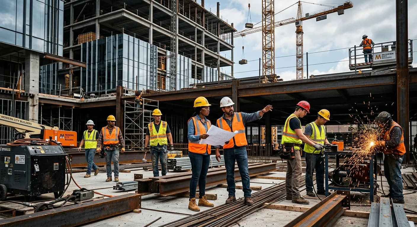 Modern construction site with diverse workers, safety helmets, amber and slate industrial theme, professional, high contrast