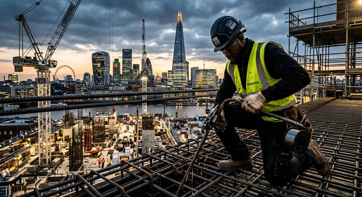 A dynamic, high-contrast action shot of a skilled steel fixer at work on a major London construction... A dynamic, high-contrast action shot of a skilled steel fixer at work on a major London construction site, perhaps at The Shard or Crossrail project, wearing full PPE. They are expertly bending and tying rebar against a backdrop of the city skyline at dusk. The mood is industrious, professional, and high-impact.