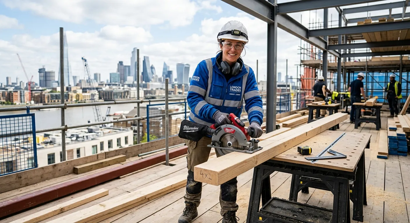 A professional, confident joiner on a modern construction site in London, wearing PPE, holding a pow... A professional, confident joiner on a modern construction site in London, wearing PPE, holding a power tool, with the city skyline blurred in the background. Style: Photorealistic, bright, professional. Mood: Skilled, reliable, and in-demand.