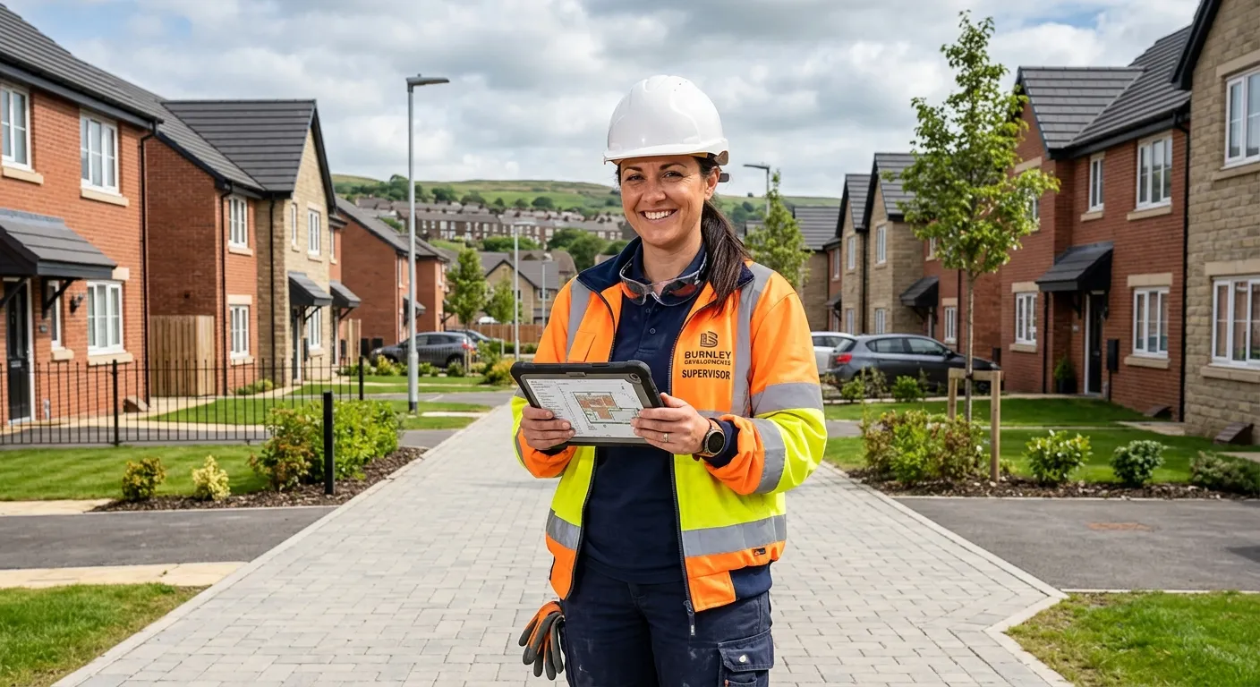 A mid-shot of a confident, smiling construction site supervisor in high-vis gear, holding a tablet, standing on a finished residential development in Burnley