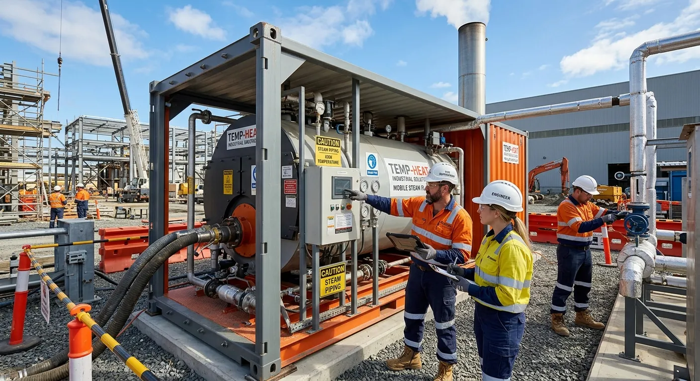 Modern industrial scene showing a large, efficient temporary boiler unit on a construction site, wit... Modern industrial scene showing a large, efficient temporary boiler unit on a construction site, with professional engineers in high-visibility jackets performing checks. Professional, clear, and authoritative mood.