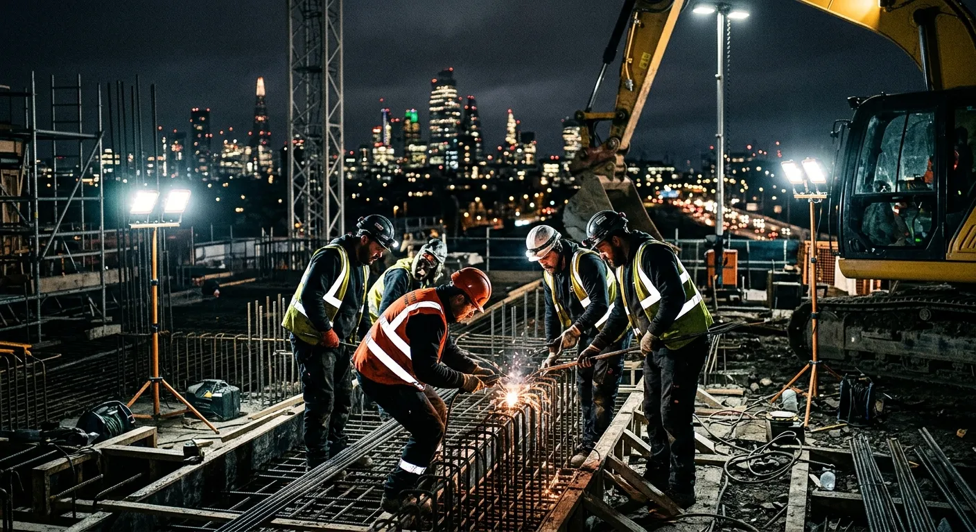 A high-contrast, moody photo of a night construction site in action. Focus on a group of labourers working under powerful LED lighting on a large urban project, with the city skyline blurred in the background. Style: Professional, dramatic, industrial.