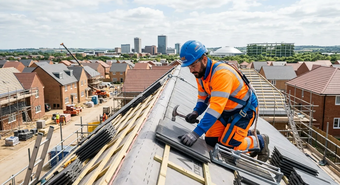 A skilled roofer, dressed in hi-vis PPE, expertly installing roof tiles on a modern housing development in Milton Keynes, showcasing precision and safety, with the skyline of Milton Keynes visible in the background. Professional, action-oriented, and industrially themed.