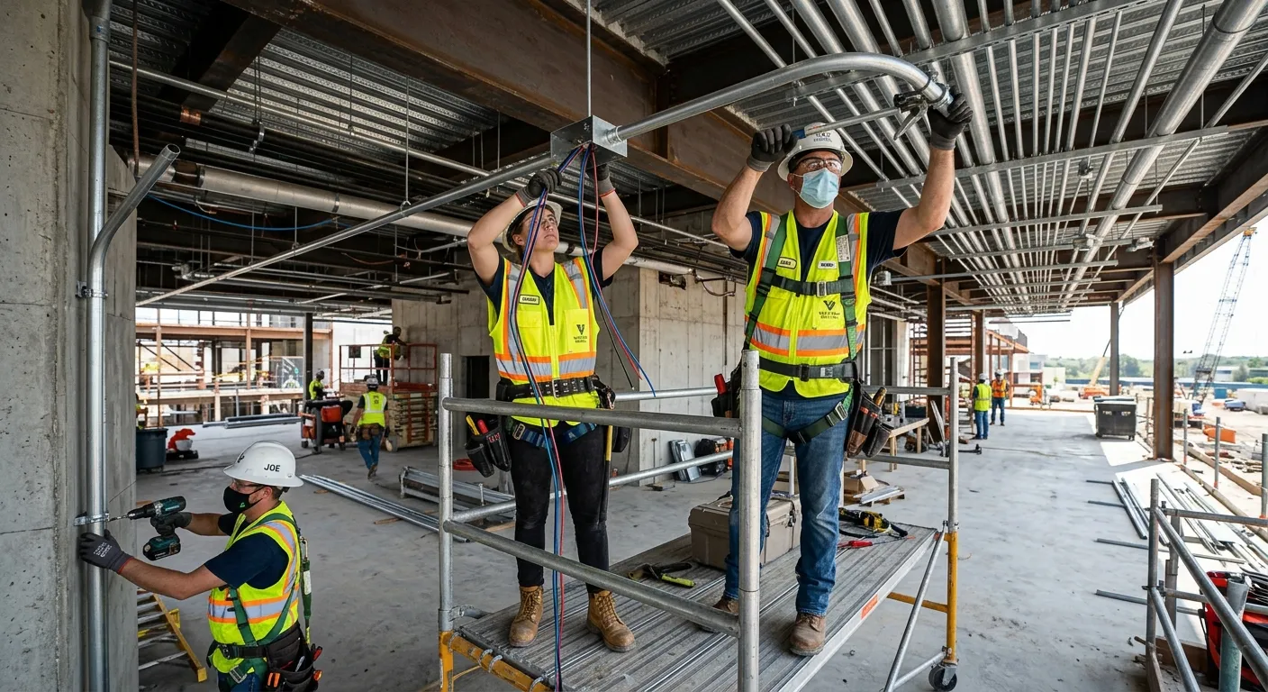 A high-energy shot of skilled electricians in high-visibility vests working together on a large commercial construction site, installing conduit and wiring. Professional, dynamic, and safety-focused mood.