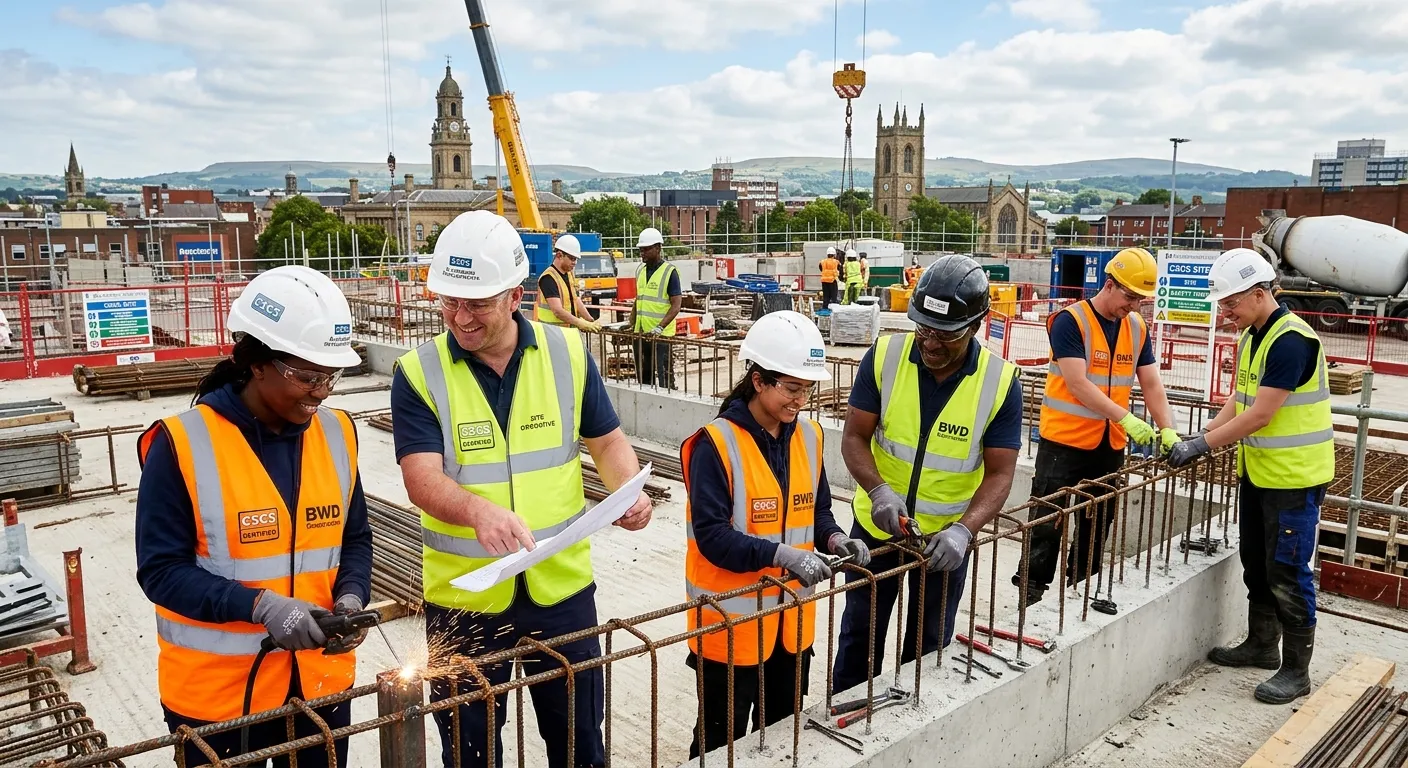 A professional, high-energy photograph of a diverse team of CSCS-certified construction operatives w... A professional, high-energy photograph of a diverse team of CSCS-certified construction operatives working together on a modern building site in Blackburn, with safety gear visible. The mood is industrious, collaborative, and safe.