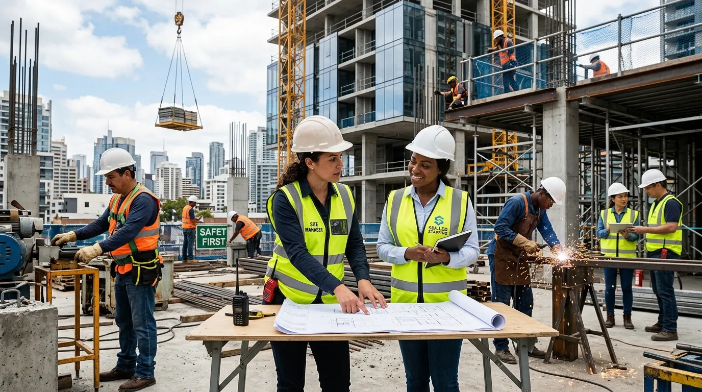 A dynamic, professional hero image showing a diverse group of skilled workers on a modern construction site, with a site manager reviewing plans with a labour hire agency representative. Style: High-resolution, authentic, and inspiring. Mood: Professional, collaborative, and industrious.