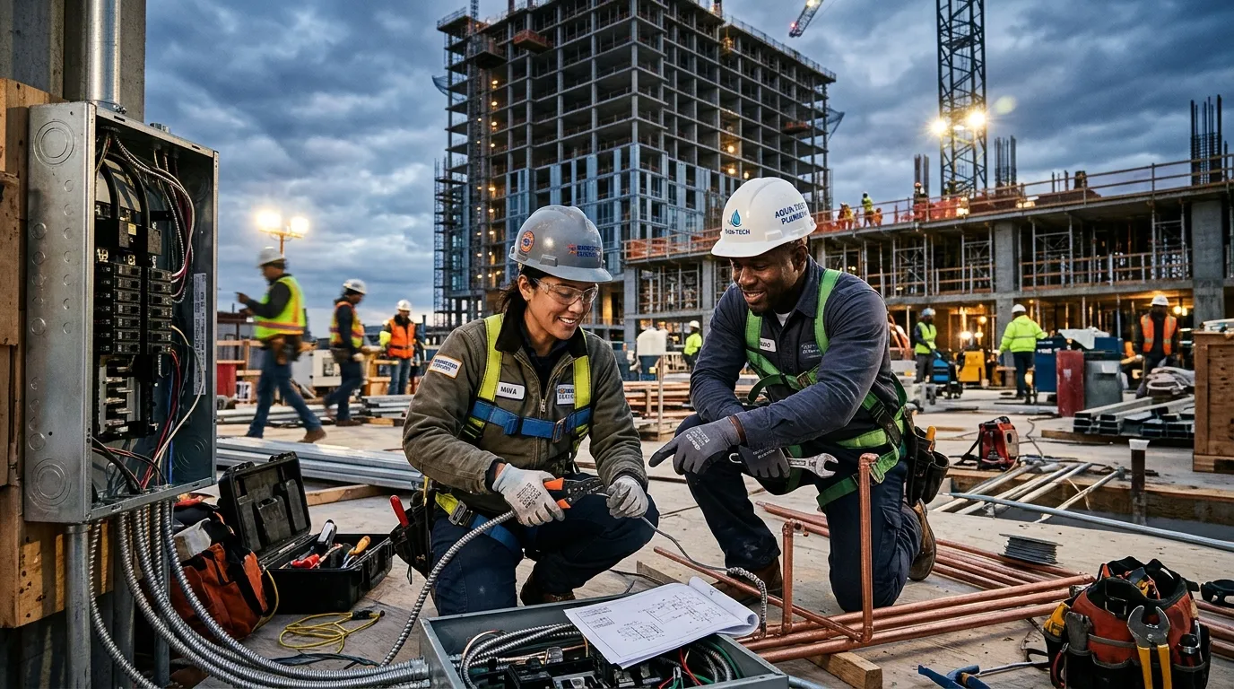 A dynamic, high-contrast hero image showing a diverse team of skilled tradespeople on a modern construction site. A plumber and an electrician are collaborating in the foreground, with a busy industrial site in the background. Style: Professional, vibrant, and aspirational.