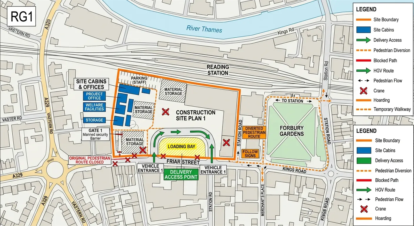 A detailed site plan overlay on a map of Reading RG1, highlighting key project logistics like delive... A detailed site plan overlay on a map of Reading RG1, highlighting key project logistics like delivery access points, site cabins, and pedestrian diversions.