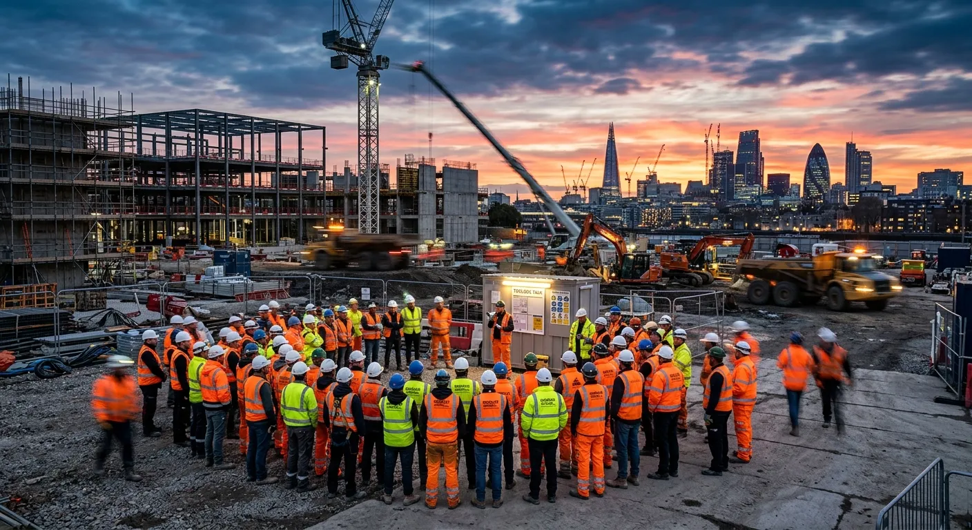 A time-lapse photo of a construction site at dawn, with labourers gathering for a toolbox talk, wearing hi-vis and hard hats