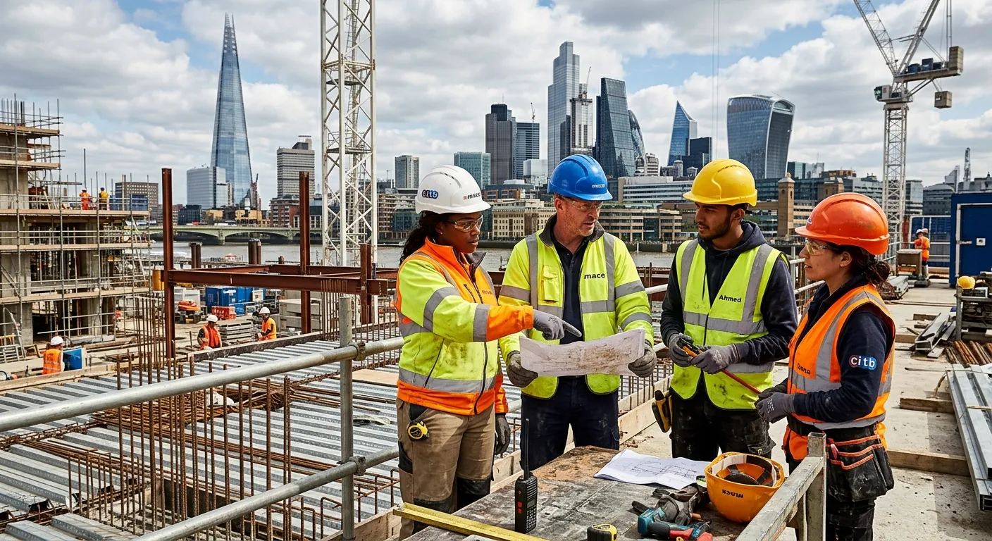 A high-contrast, professional photo of a diverse team of skilled tradespeople on a modern London construction site, wearing high-visibility gear and hard hats, collaborating against a backdrop of city skyline. Mood: Professional, confident, and industrious.