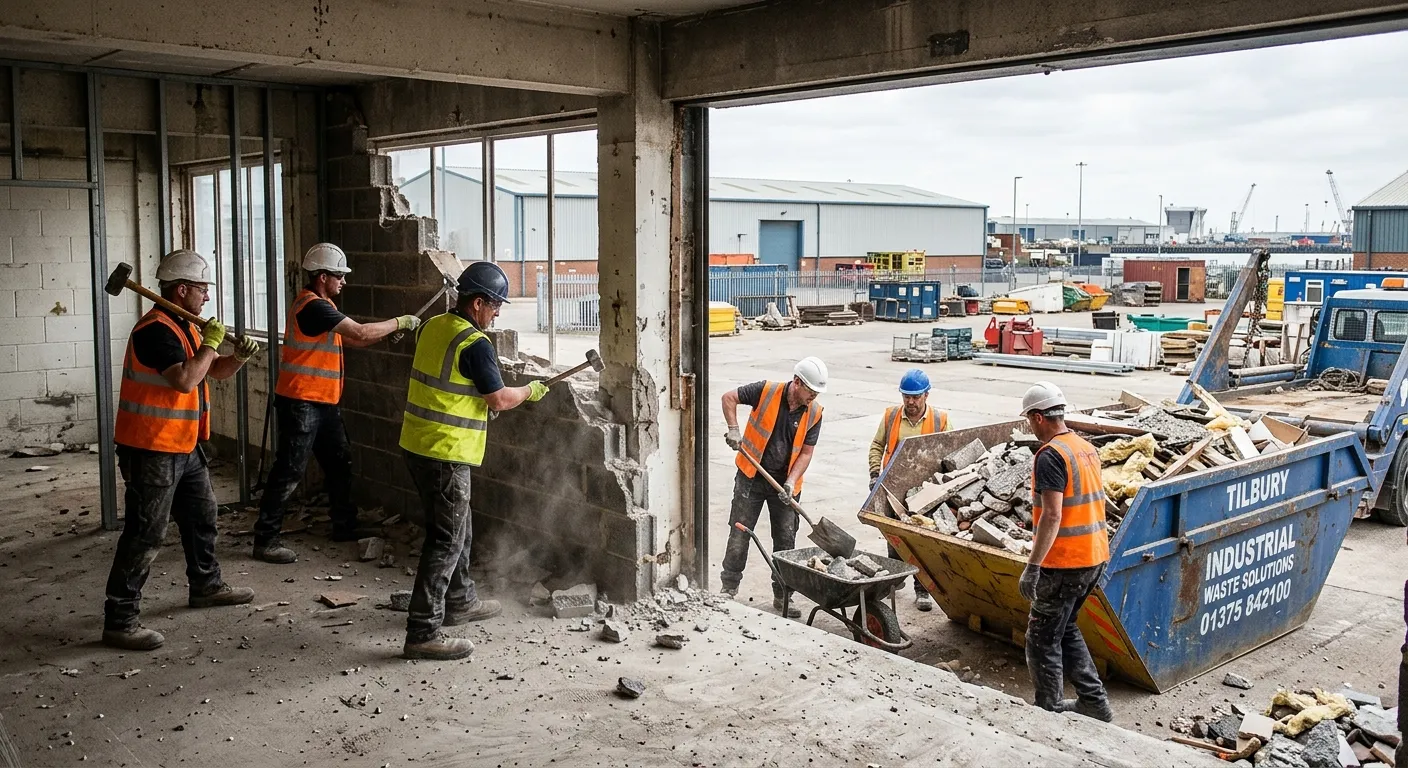 A team of demolition labourers in PPE carefully removing interior walls and loading debris into a skip on a Tilbury industrial site