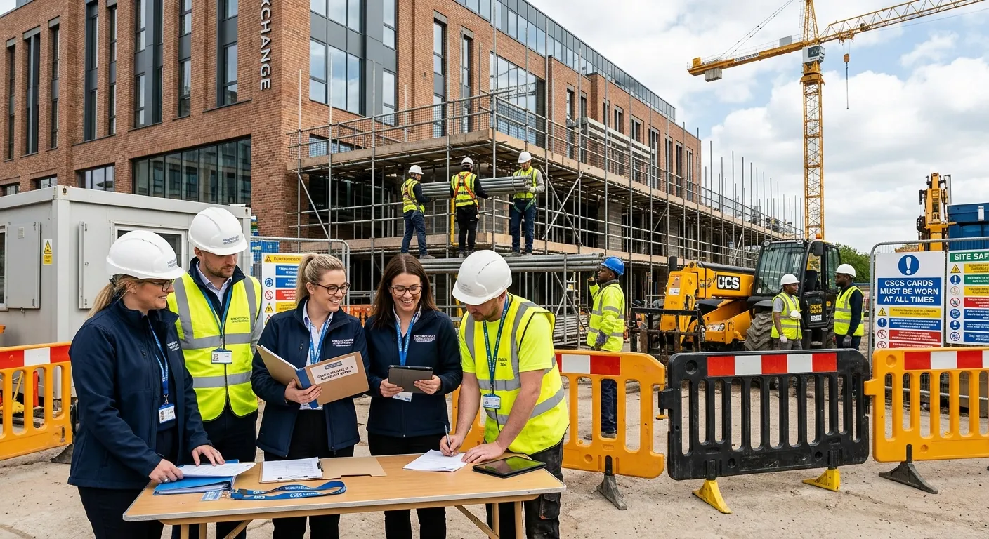 A modern UK construction site scene with labourers in high-visibility vests and CSCS cards, a scaffolding crew carrying tubes, amber safety barriers, and a professional recruitment agency team reviewing compliance documents; clean industrial lighting, sharp focus, trustworthy and fast-hiring mood.