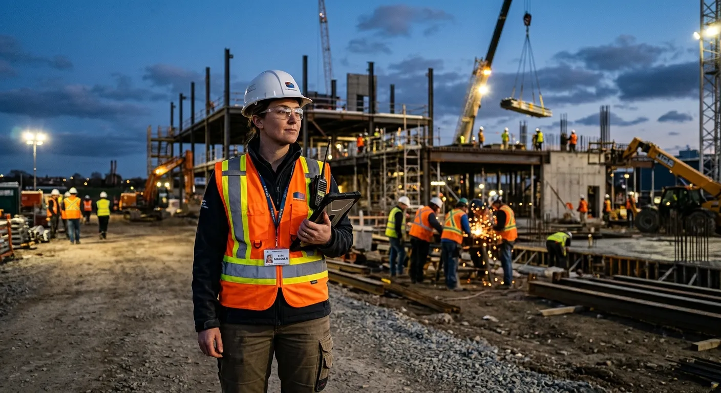 A professional Onsite Manager in a high-visibility vest, confidently overseeing a busy construction site with workers in the background. Evening light, sharp focus on the manager, industrial mood.