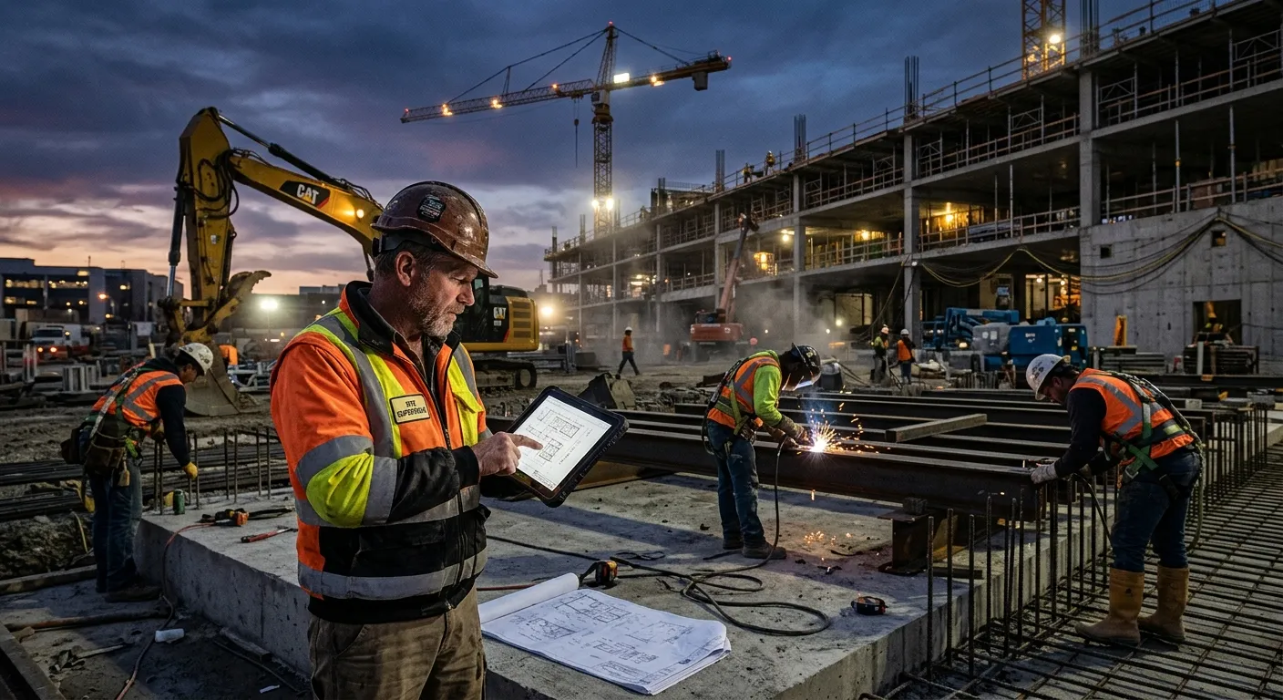 A dynamic, professional construction site at dusk with skilled workers in high-visibility gear, machinery in the background, and a foreman reviewing plans on a tablet. Moody, focused, industrial tone.
