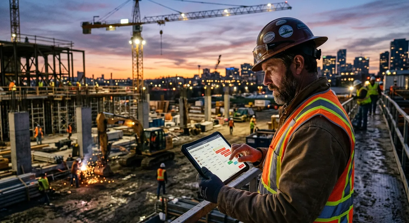 A dynamic construction site at dusk, with a foreman looking at a digital tablet showing staffing schedules, conveying urgency and modern management.