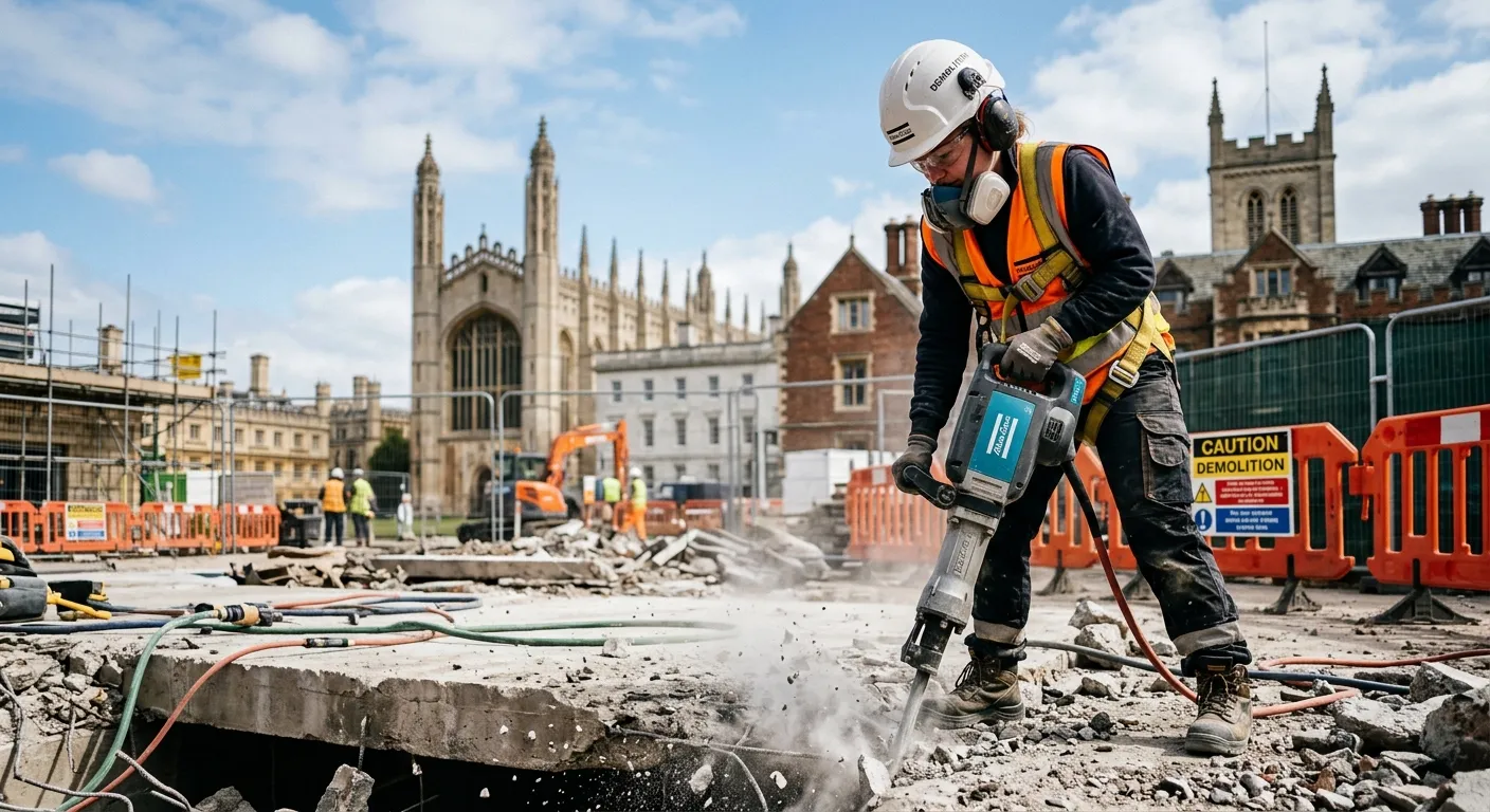 A professional, action-oriented hero image showing a Demolition Operative in full PPE (hard hat, hi-... A professional, action-oriented hero image showing a Demolition Operative in full PPE (hard hat, hi-vis vest, safety boots) safely operating a handheld breaker on a controlled demolition site in an urban setting, with Cambridge architecture subtly visible in the background. Style: High-contrast, realistic, inspiring.
