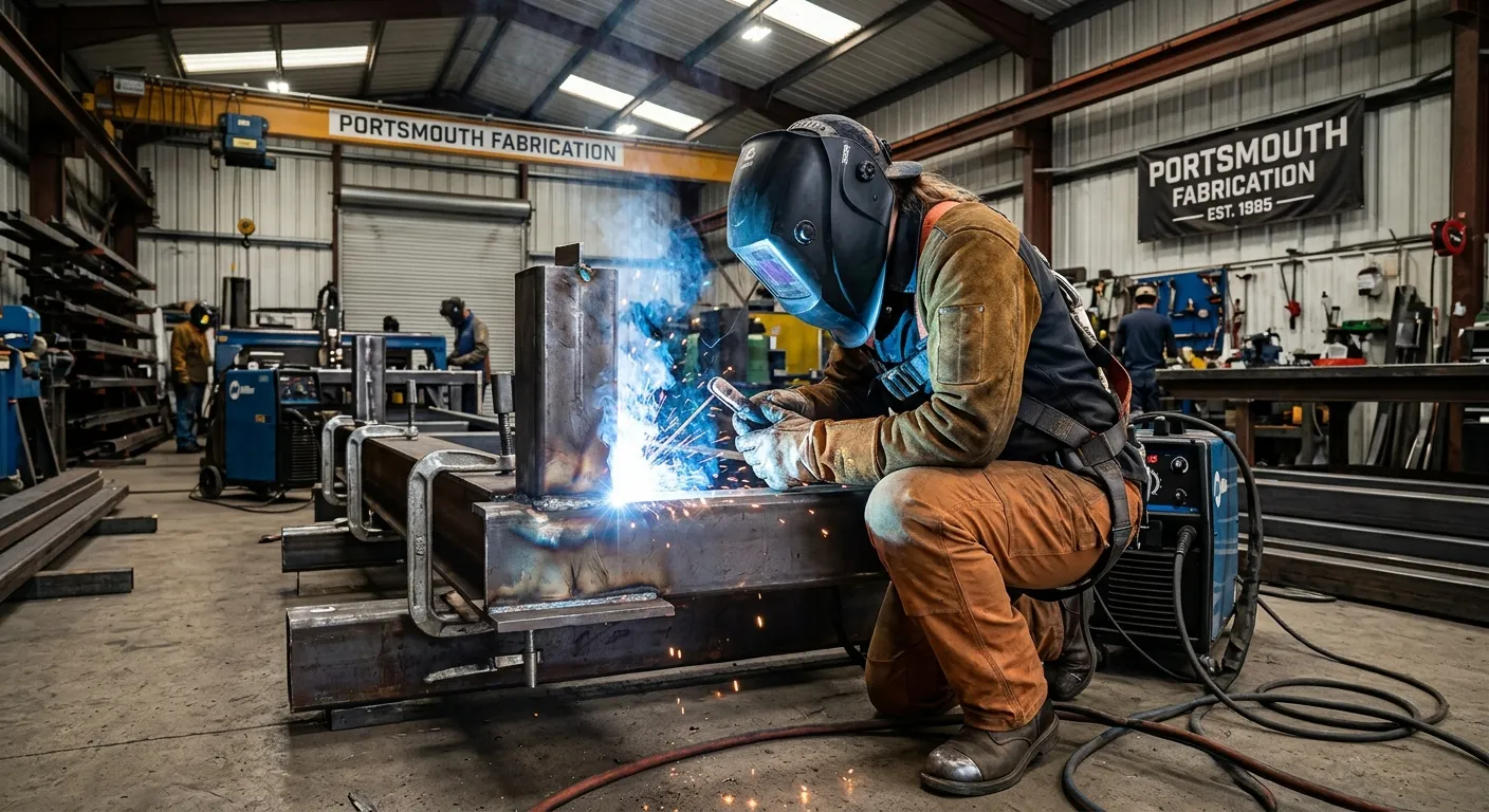 Professional welder in full safety gear, arc welding on a steel structure in a modern Portsmouth fabrication workshop. Focus on skill, safety, and industrial environment.