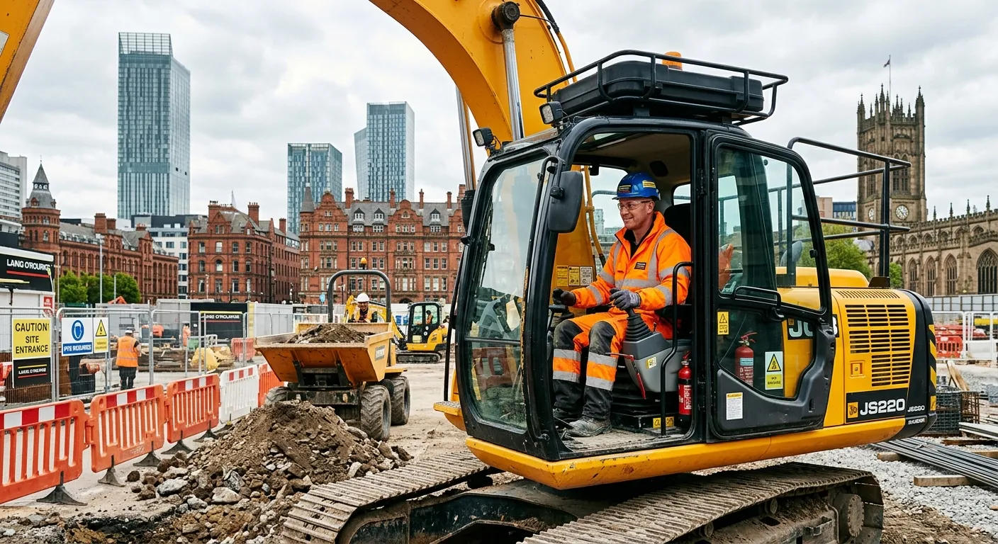 A professional, confident Plant Operator in high-visibility PPE, operating modern excavator machinery on a busy, well-organised construction site in the Manchester city centre, showcasing skill and safety awareness.