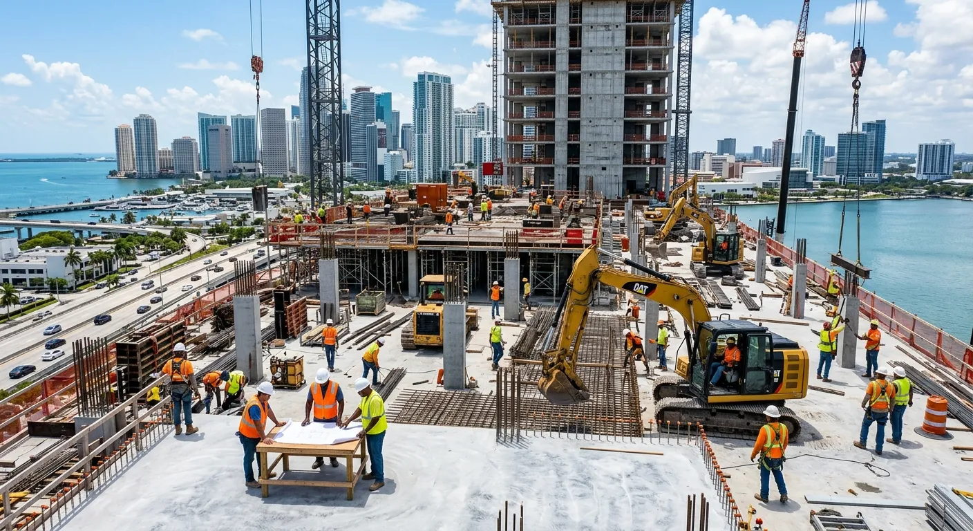 A dynamic, high-angle shot of a busy, sunlit construction site in downtown Miami, featuring a diverse crew of workers operating machinery and collaborating, with modern high-rises in the background. Professional and energetic mood.