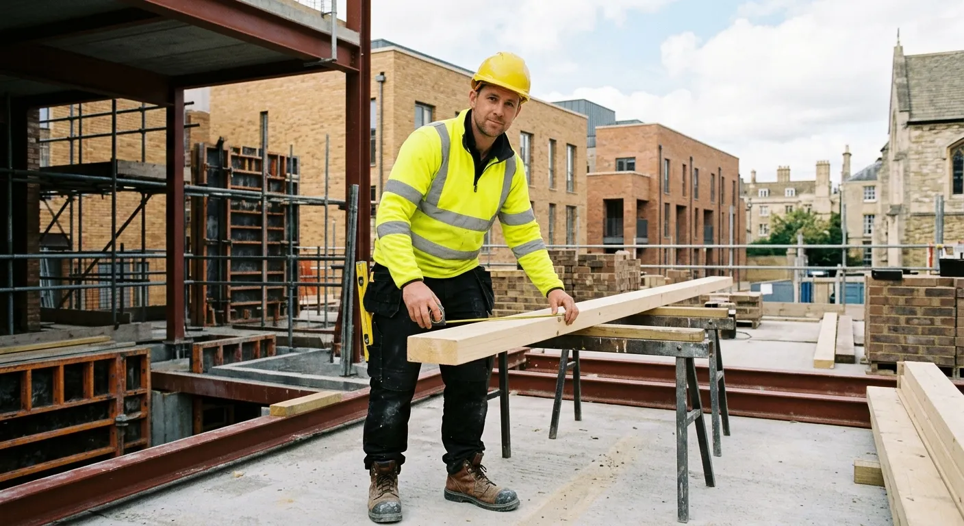 A professional Joiner wearing high-visibility clothing and safety boots, measuring timber on a clean Cambridge CB1 construction site, industrial amber and slate tones, realistic, bright, trustworthy mood.