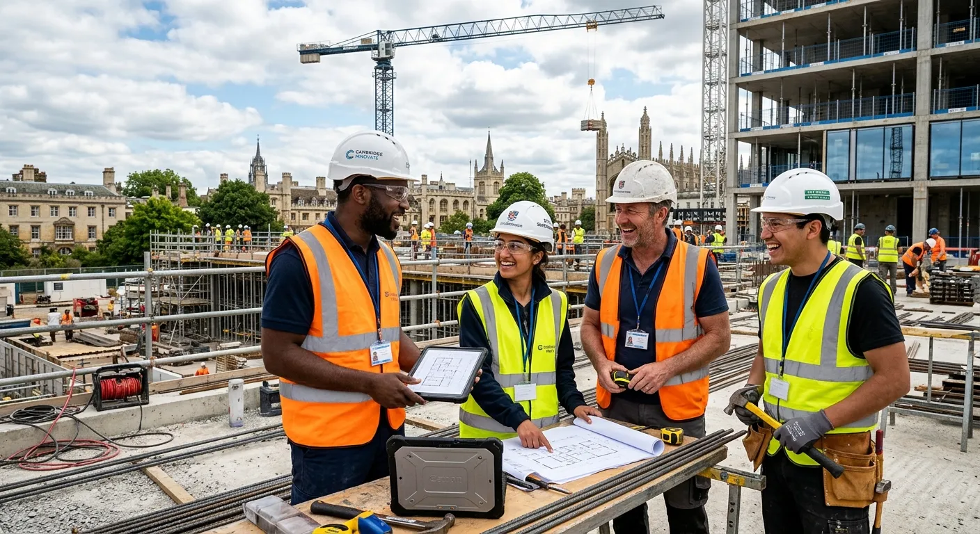 A professional, high-energy photo of a diverse team of construction workers in high-visibility vests collaborating on a modern building site in Cambridge, with cranes and scaffolding in the background. The image should convey professionalism, teamwork, and immediate opportunity.