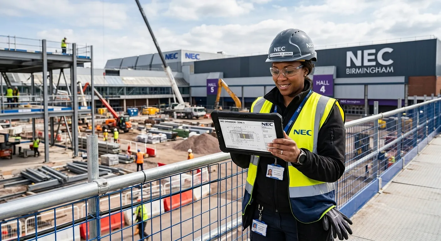 A professional, confident Site Manager in high-visibility vest and hard hat, reviewing construction plans on a tablet at the NEC Birmingham site, with the NEC halls visible in the background. Professional, aspirational mood.