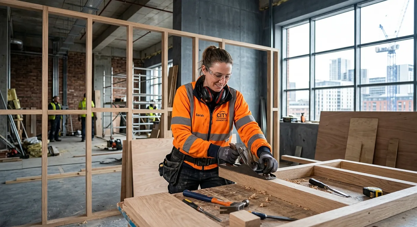 A professional Joiner wearing safety amber hi-vis clothing working on timber internal joinery at a Birmingham construction site, with clean industrial slate tones, bright natural light, and a confident practical atmosphere