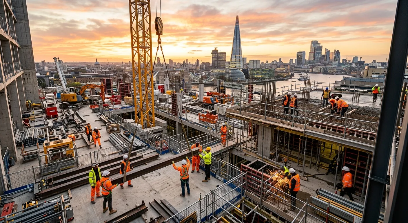 A dynamic, high-angle shot of a busy London construction site at sunrise, showcasing a diverse team... A dynamic, high-angle shot of a busy London construction site at sunrise, showcasing a diverse team of skilled labourers and tradespeople in high-visibility gear, with iconic London landmarks like The Shard in the background. Style: Professional, aspirational, mood: energetic and productive.