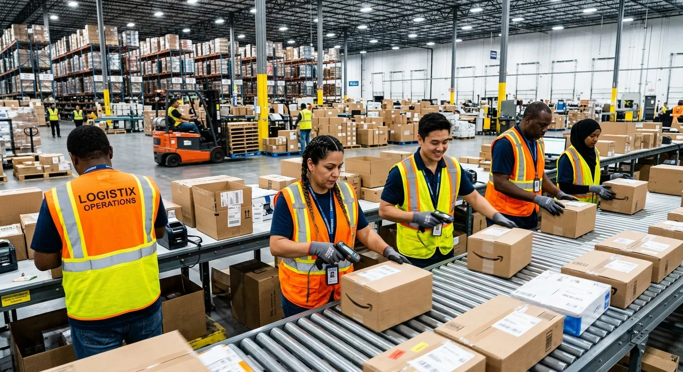 A dynamic, high-contrast photo of a modern, brightly-lit distribution warehouse. In the foreground,... A dynamic, high-contrast photo of a modern, brightly-lit distribution warehouse. In the foreground, a diverse team of warehouse operatives wearing high-visibility vests scans packages on a conveyor belt, representing efficient labour solutions. The style is sharp, professional, and action-oriented.