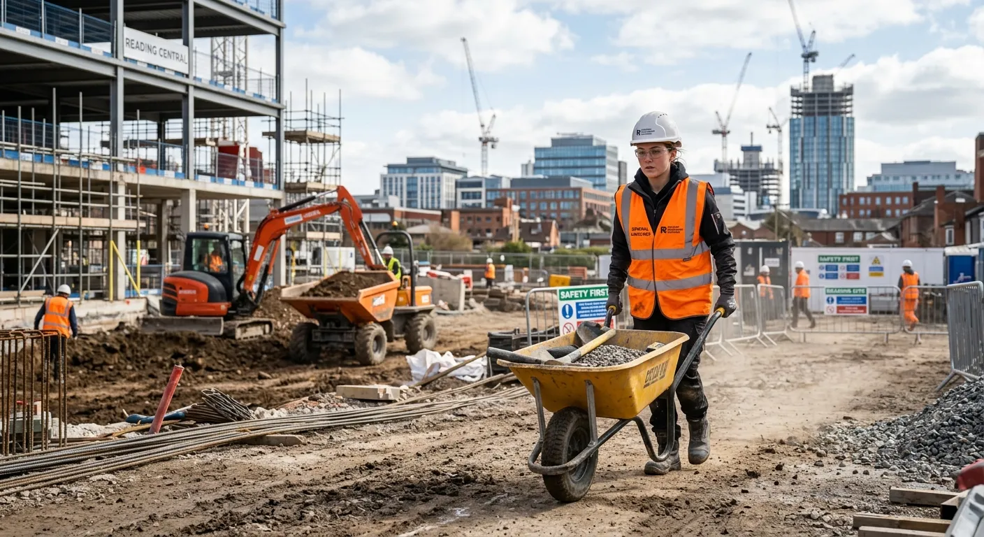 A professional, dynamic image showing a skilled General Labourer on a construction site in Reading,... A professional, dynamic image showing a skilled General Labourer on a construction site in Reading, wearing a high-visibility vest and safety helmet, actively assisting with site preparation. The mood is industrious, safe, and forward-looking.