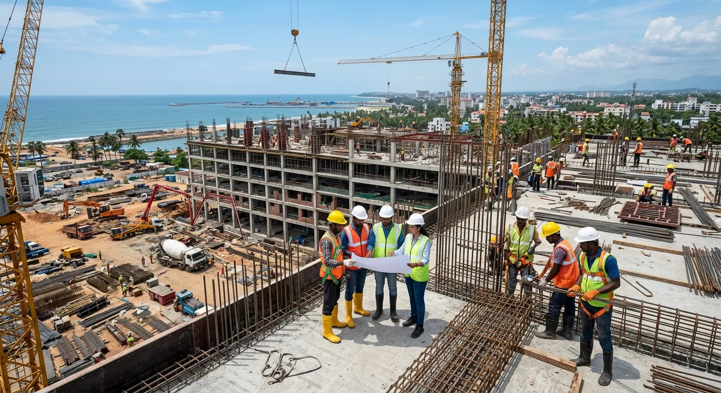 A professional, high-angle shot of a modern, busy construction site in Trivandrum, featuring a diverse team of skilled workers collaborating efficiently under clear blue skies. Industrial, dynamic, and productive mood.