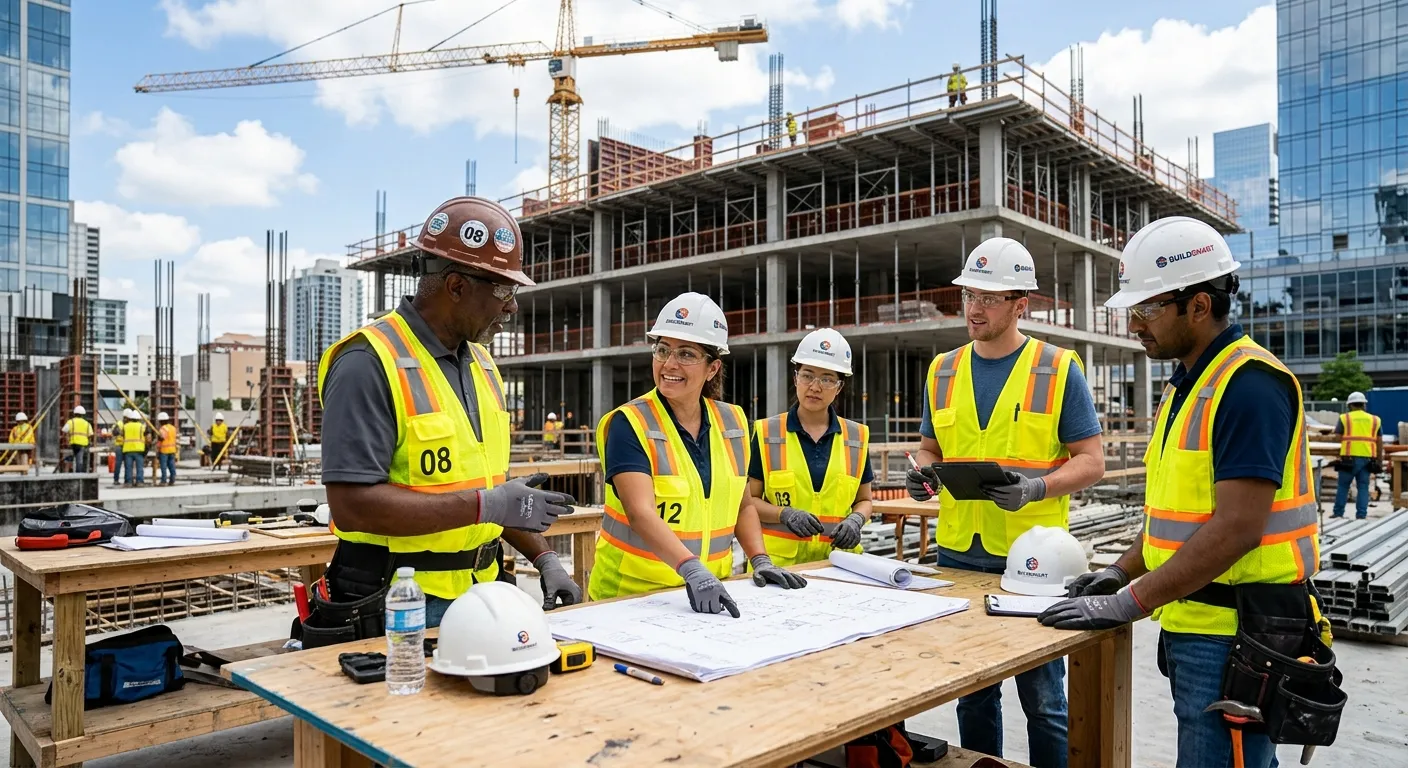 A diverse team of construction workers in high-vis vests collaborating on a modern building site, wi... A diverse team of construction workers in high-vis vests collaborating on a modern building site, with a focus on safety and teamwork, shot in a bright, professional style.