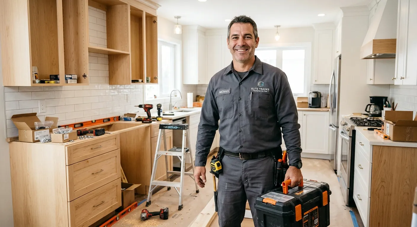 A professional, experienced handyman in a clean uniform, confidently smiling while holding a toolbox... A professional, experienced handyman in a clean uniform, confidently smiling while holding a toolbox, standing in a well-lit residential kitchen with a partially completed cabinet installation in the background. Style: Professional, trustworthy, high-quality. Mood: Reliable, skilled, and approachable.