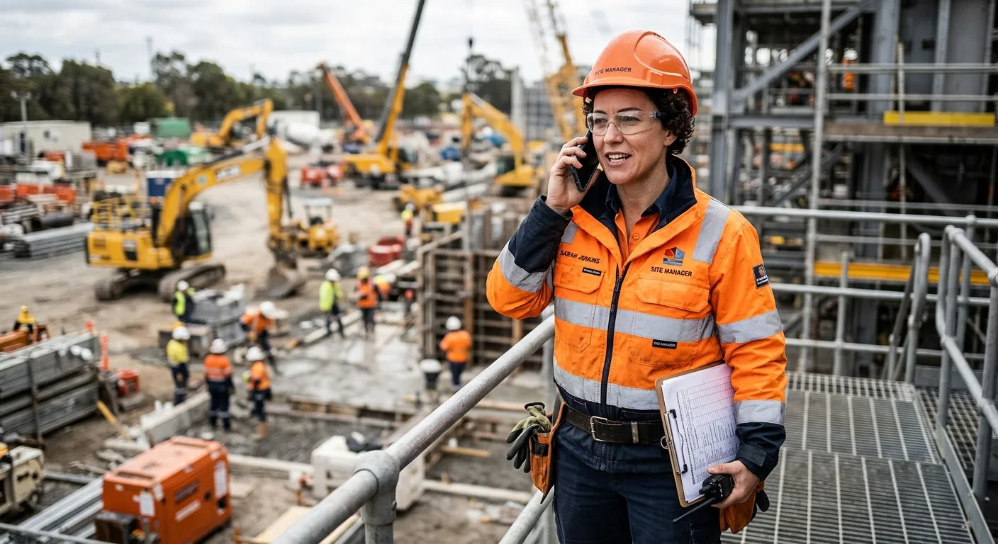 A modern, high-contrast photo of a construction site manager in a high-vis jacket speaking confidently on a mobile phone, with a busy industrial worksite blurred in the background. Professional, authoritative mood.