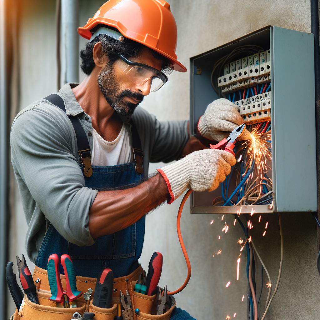 Electrician installing light fixture