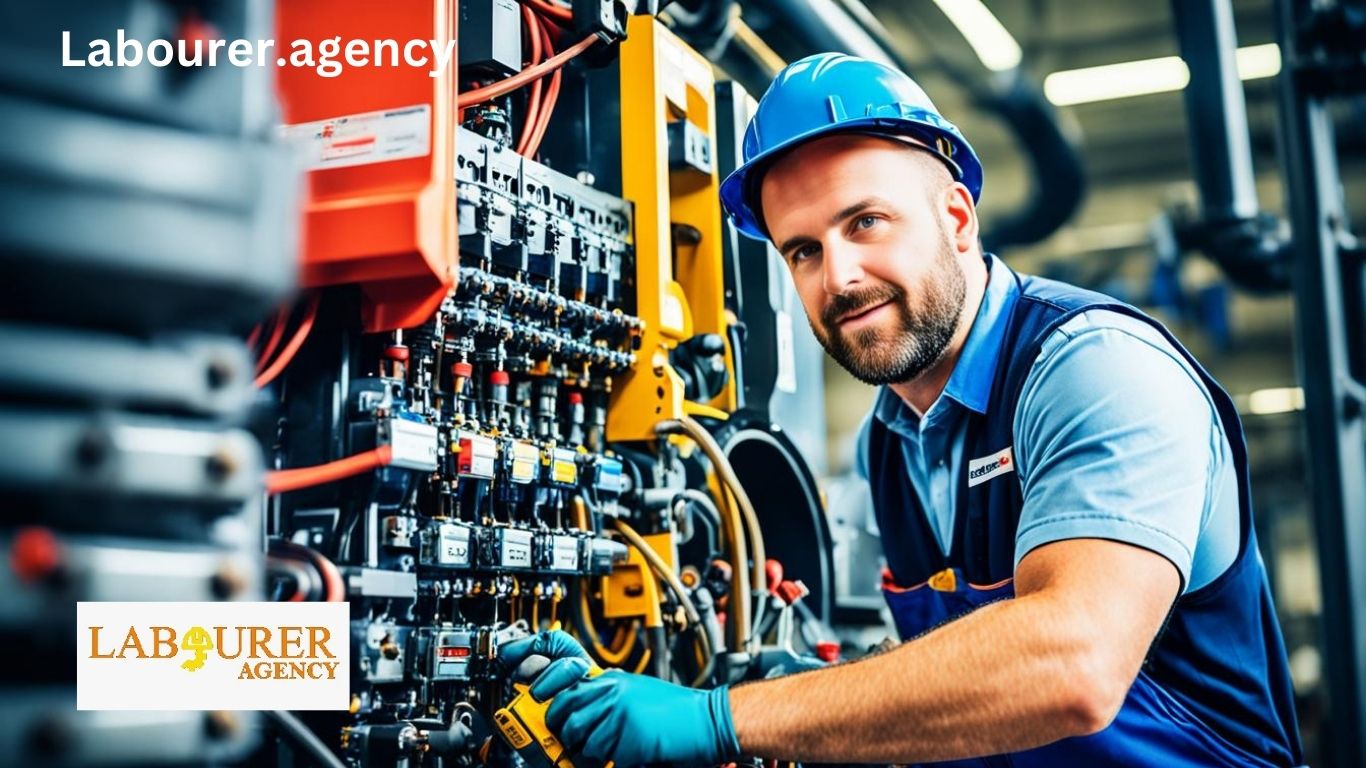 Electricians working on a complex wiring system